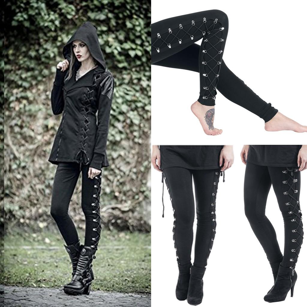 Leggings da Donna Gothic Punk Leggings Side Cross Allacciatura Pantaloni a Matita