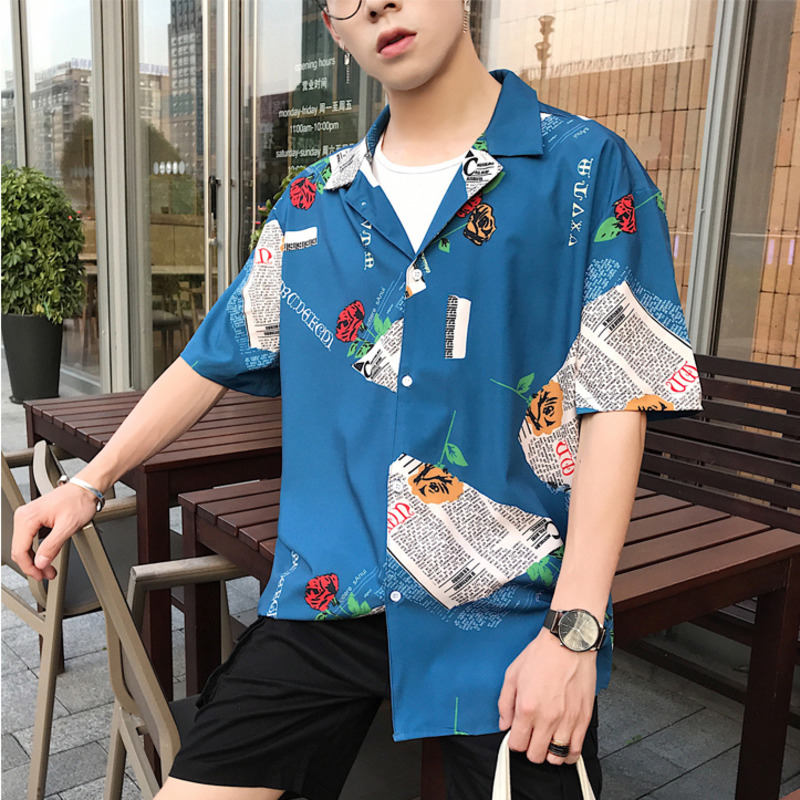 

EWQ / men' wear short sleeve shirt loose personalized printing half sleeve shirt vintage causal tops for male 9Y3048, Black