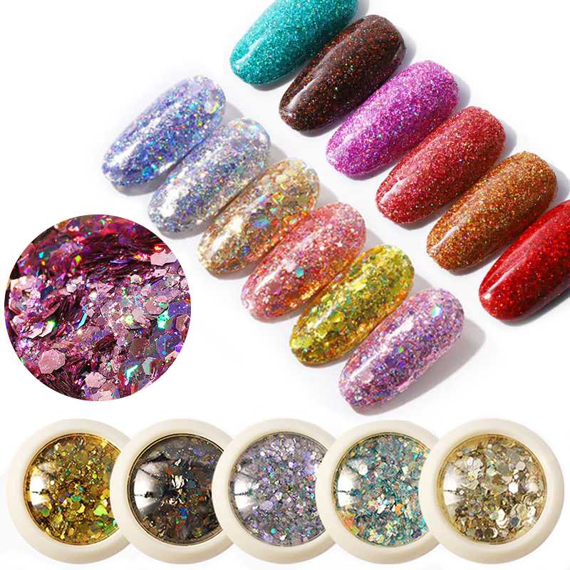 

1 Bottle Mix Nail Art Glitter Sequins Chameleon Nail Flakes Nails Powder Mirror Chrome 6Colours Broken Glass Decorations