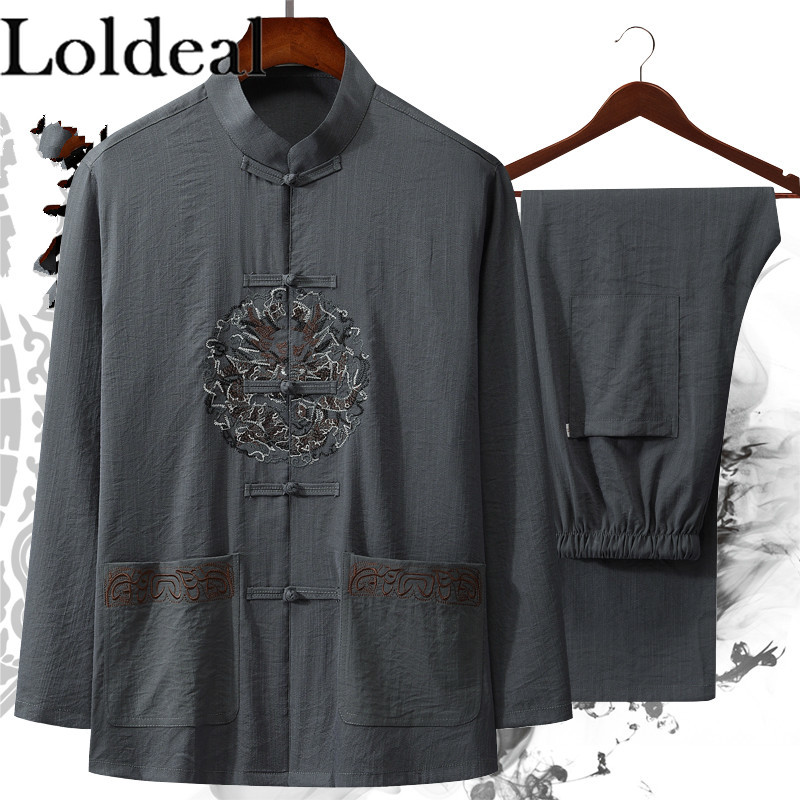 

Loldeal Chinese Style Long-sleeved Tunic Suit Men Slim Linen Stand Collar Retro Button Shirt + Long Pants, Black