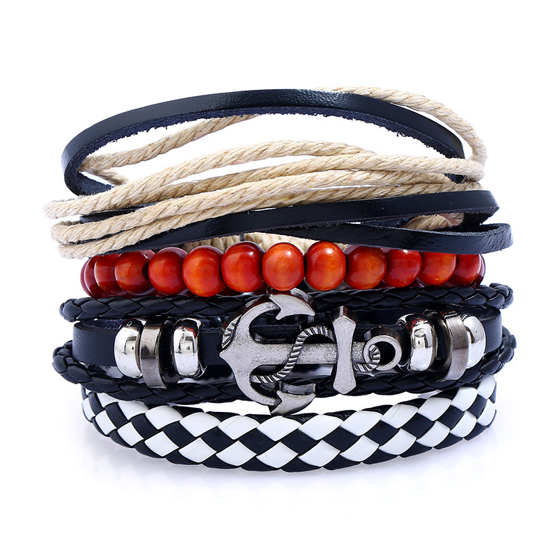 

Bangle European And American Navy Wind Alloy Ship Anchor Combination Bracelet Retro Personality Woven Cow Leather Rope