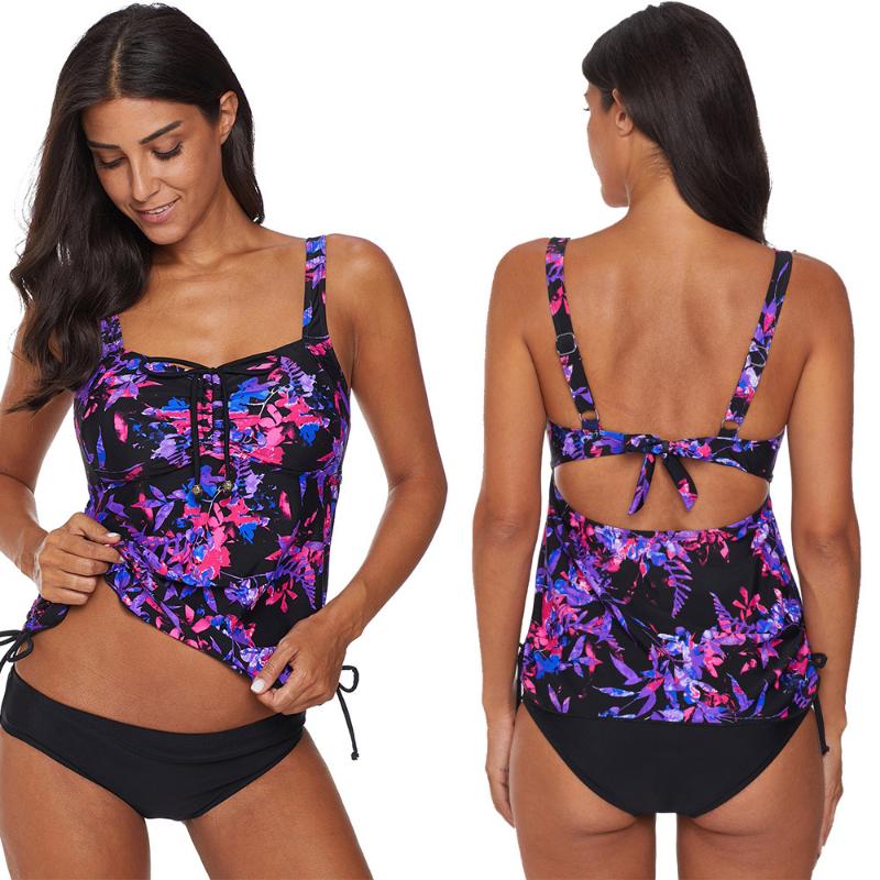 

Women Floral Print Gather Ruched Tankini Set 2Pcs Quick-drying triangular Swimsuit