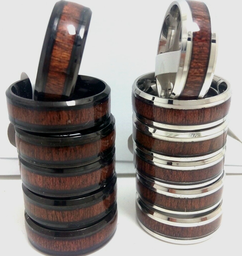 

Wholesale 50pcs Unique Silver Black 8mm Comfort-fit Stainless Steel Ring With Natural Wood Grain Inlay Vintage Men Women Fashion Jewelry