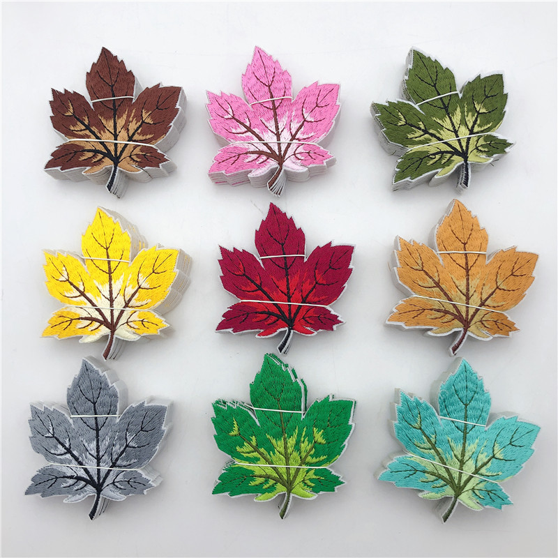 

9 Colorful Leaf Fully Embroidered Iron On Applique Patch for cloth garment sew on craft comsume, Black