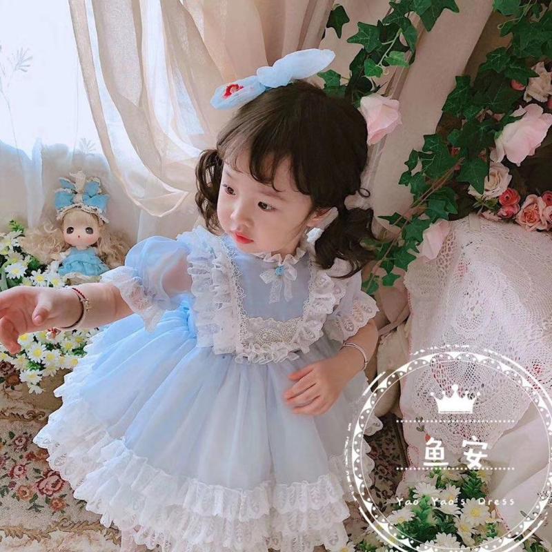 

Baby Girl Summer Blue Mesh Lace Vintage Spanish England Turkey Lolita Ball Gown Princess Dress for Birthday Holiday Party Dress, As pic