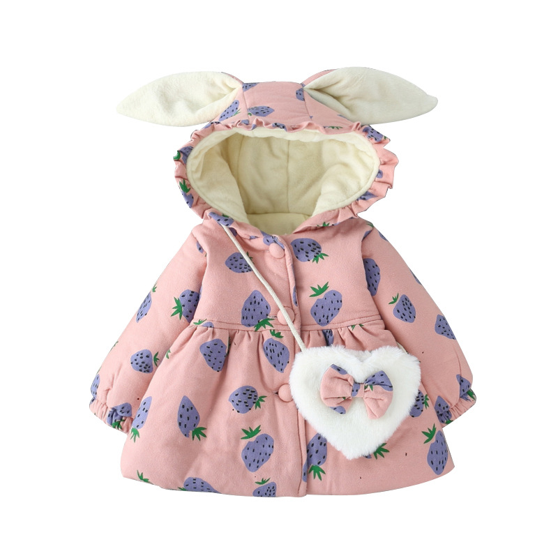 

winter baby girls velvet bunny ears outerwear coat hooded strawberry cotton-padded warm clothes+package