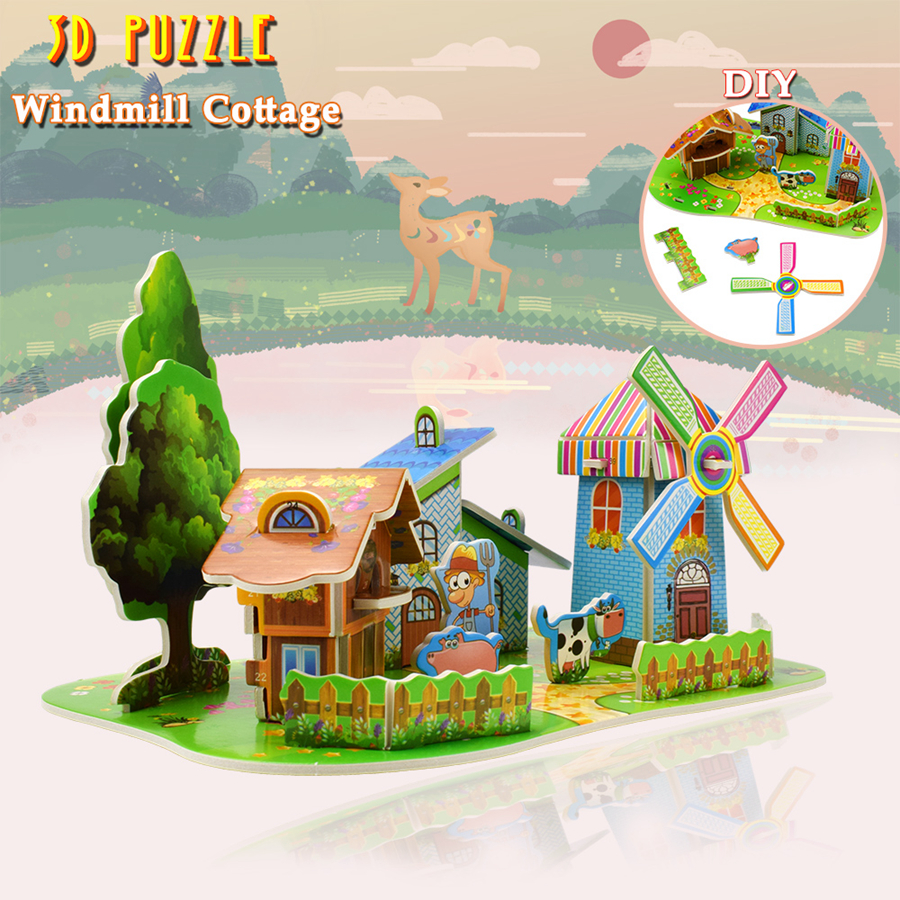 

3D Puzzles Toys Windmill Cottage DIY Cardboard House Building Model Kits Educational Toys for Kids Creative Gift Desktop Home Decoration