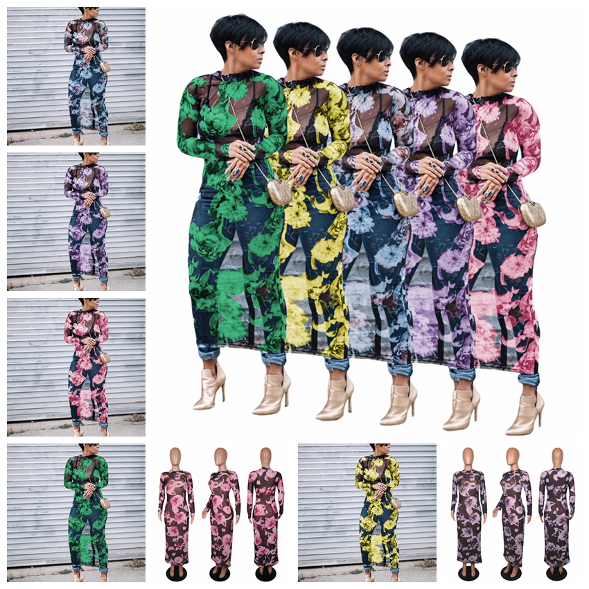

European fashion sexy perspective stretch mesh print dress, yellow, purple, green, blue, pink, support mixed batch