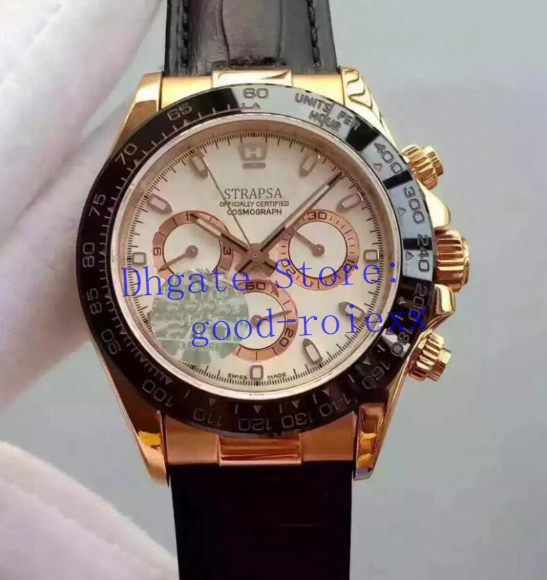 

Luxury Customized Mens Automatic 18K Gold Chronograph Eta 7750 Watch Men Ceramic Bezel Leather Valjoux 116518 Cosmograph White Watches