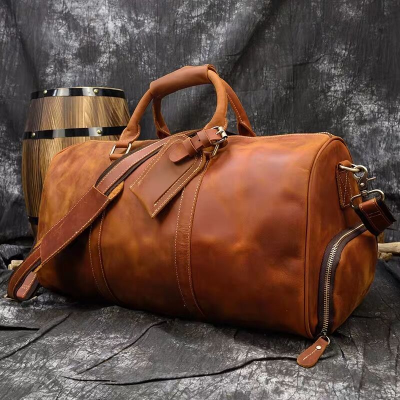 

Extra large Men genuine leather travel bag Vintage crazy horse leather man travel duffel Real leather luggage weekend bags male K3870G, Brown