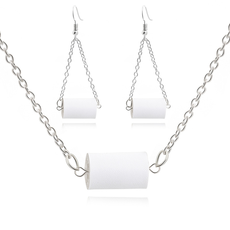 

New PU Leather Toilet Paper Necklace Earrings Set for Women Girls Unique Design Creative Personality Fashion Jewelry Gifts, As picture