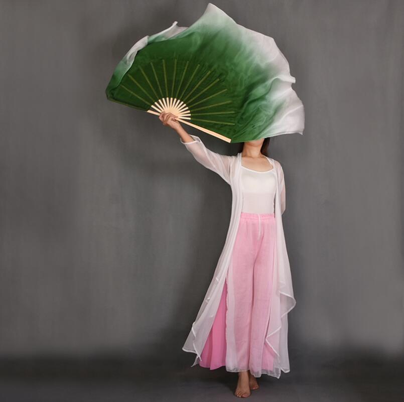 

New Customized Dark Green White Gradient Belly Dance Fan Real Silk Veils Pair Half Circle Dual Layers Women Dance Fan Props, 31cm 10cm veil