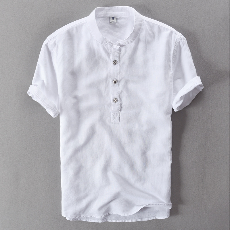 stand collar men's short sleeve linen cotton shirt with botton white green blue Chinese style summer casual shirts men new