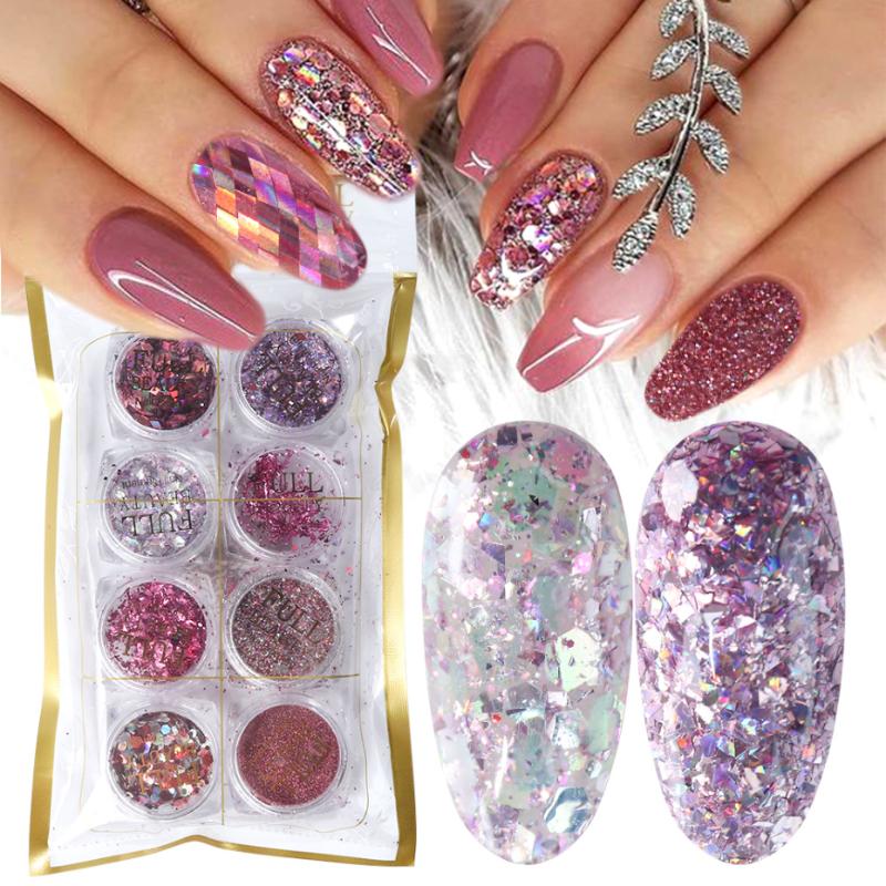 

8 Box Mix Glitter Nail Art Powder Flakes Set Holographic Sequins for Manicure Polish Nail Decorations Shining Tips LA1506-05-1