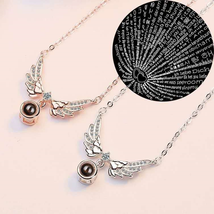 

100 Languages I love You Projection necklace 2 Colors Wing Shaped Valentines Pendant Necklace Chain Necklaces Girls jewelry JJ137, Mixed colors