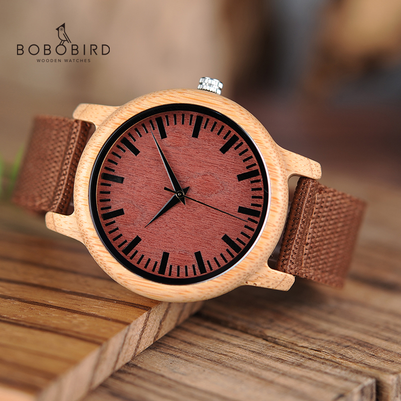 

BOBO BIRD L-D09 Fashion Bamboo Wood Watches Red Nylon Straps Wooden Dial Face Watch for Women Men in Gift Boxes LY191213, Black