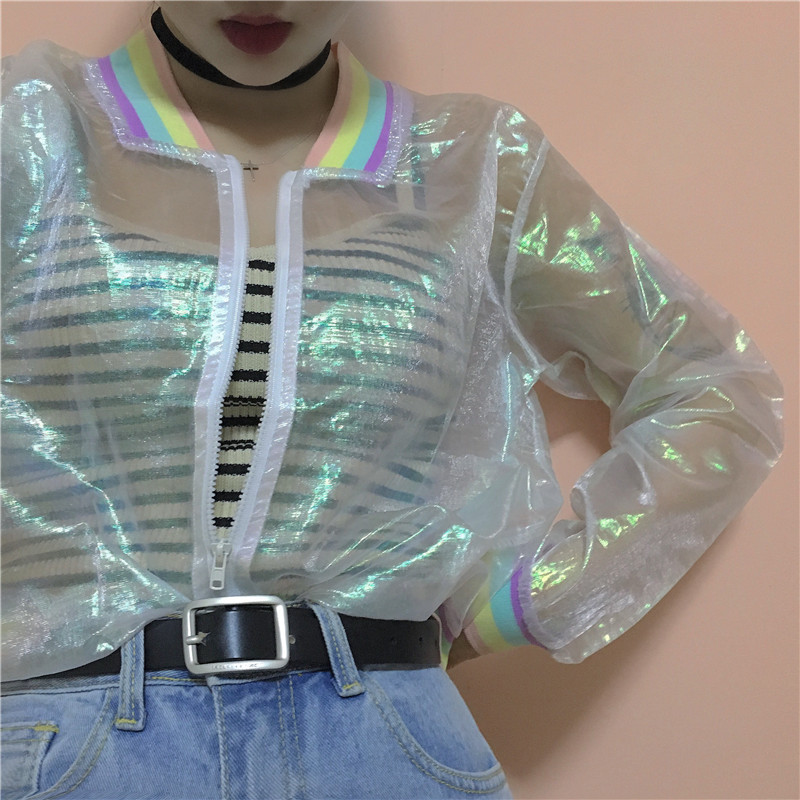 

women summer long sleeve thin transparent jackets ladies rainbow laser Reflective loose zipper sun protection bling coats female, As shown