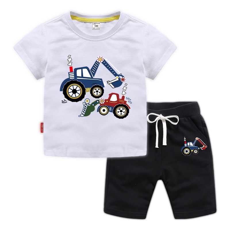 

Baby Boys And Girls Designer T-shirts And Shorts Suit Tracksuits Kids Clothing Set Fashion Summer Children's Clothing Excavator cartoon, Blue+gray