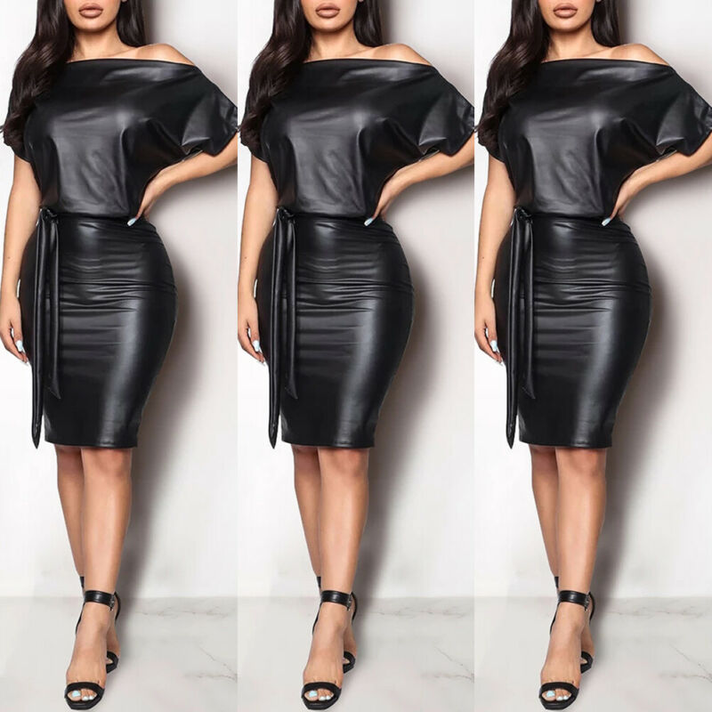Robe moulante noire asymétrique en Faux cuir pour femmes, manches longues, longueur aux genoux, robes crayon, été