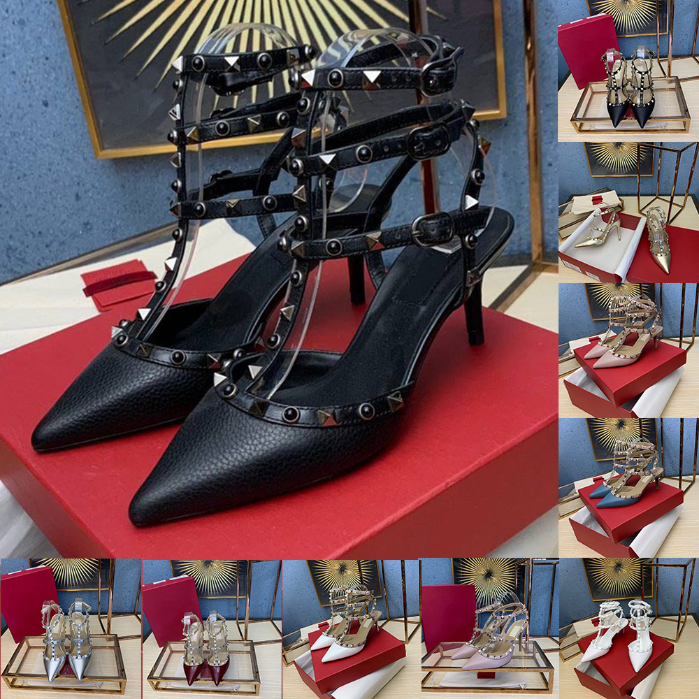 

2020 New Arrival Womens Designer Sandals Genuine leather Rockstud Pump with Straps 95mm Spikes Stiletto Heel Super High Sandals, Black