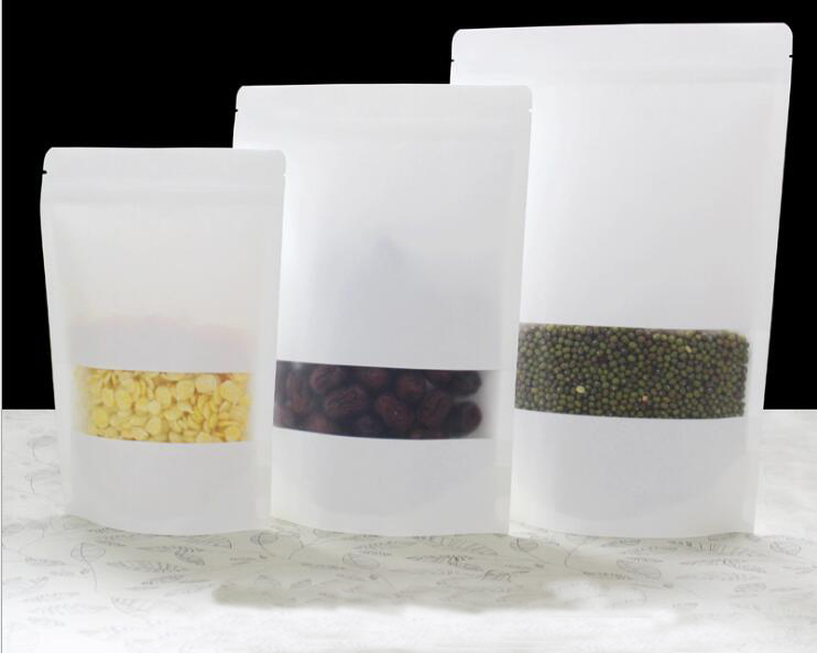 

10*15+4cm 50pcs white Scrub kraft paper bags stand up Zipper/ packaging bag with window for //Nut/Coffee
