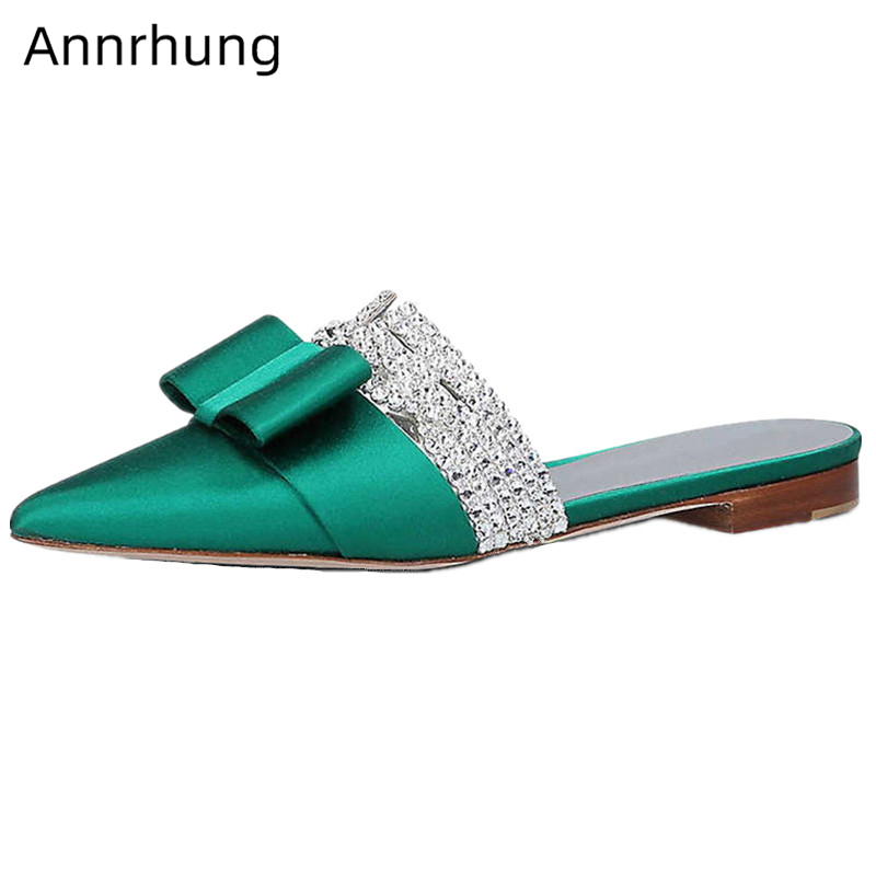 

Crystal Pointed Toe Slippers Women Luxruy Satin Bowknot Flat Mules Rhinestone Bowtie Fashion Outwear Shoes Woman, Red