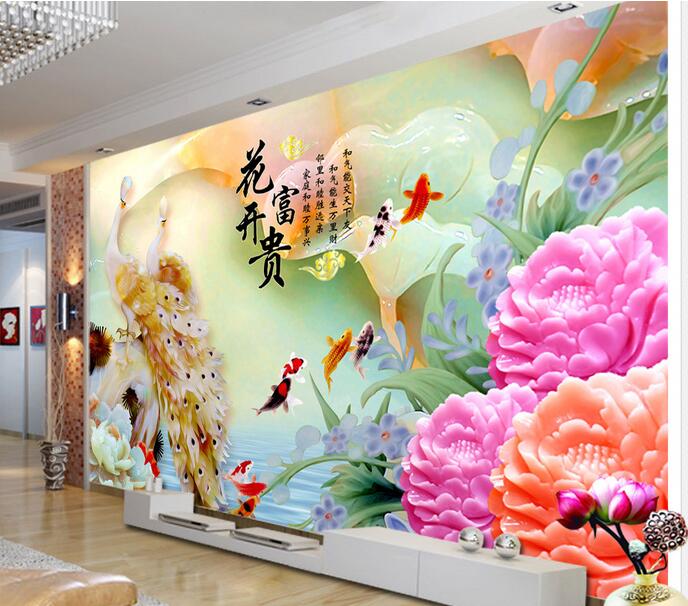 

3d wallpaper custom photo mural Jade carving peacock flower open peony home decor living room 3d wall murals wallpaper for walls 3 d, Non-woven wallpaper