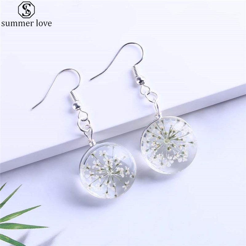 

Trendy Plant Dry Flower Dangle Earring Colorful Dried Flowers Glass Ball Earrings For Women Girls Valentine's Day Jewelry Gift Wholesale-Z, Silver