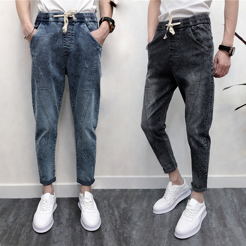 

2019 Spring Men Ripped Hole Ankle-Length Jeans Mid Elastic Waist Denim Harem Pants Pencil Pants With Pocket Distressed Trousers, Black