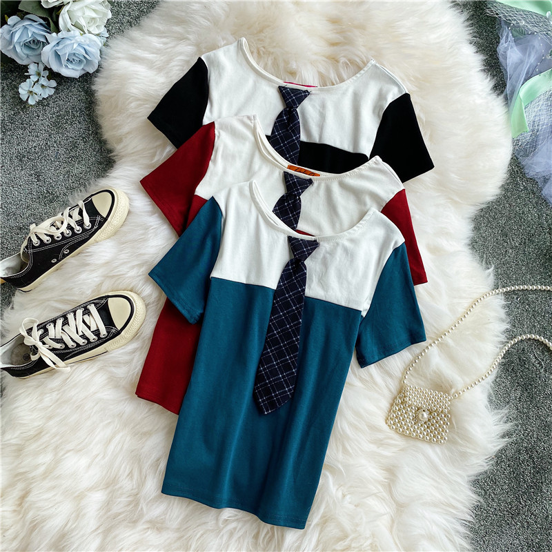 

Gaganight Japanese Style Women T Shirt Short Sleeve O Neck Tie Fashion Girls Tshirt Patchwork Summer Tops Outwear Chic Casual, Black