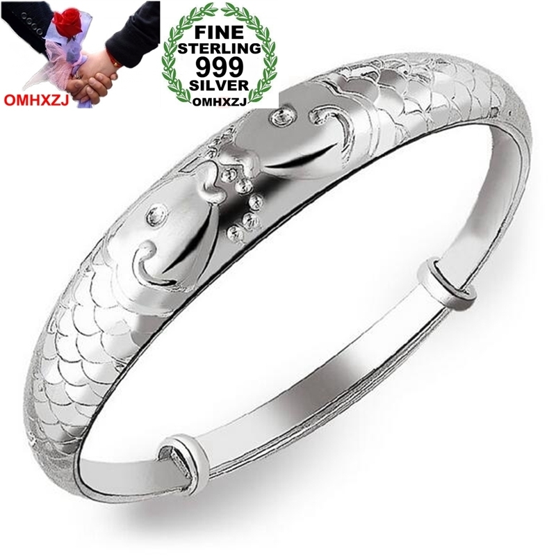 

OMHXZJ Wholesale Ethnic Fashion Sweet Woman Child Gift Double Fish Push Pull 925 Sterling Silver Bracelet Bangle Adjustable SZ77, Black