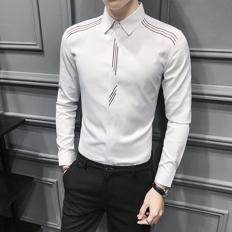 

Men's Casual Shirts Black White Shirt Men Embroidery Formal Business Dress Slim Fit Long Sleeve Blouse Homme 2021 Spring Male Clothing