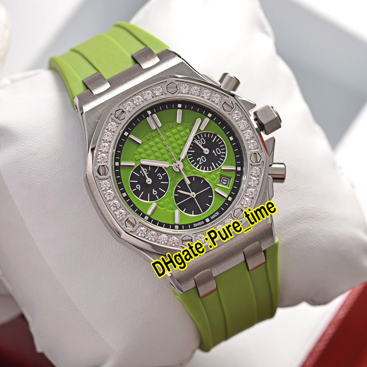 

New Royal Steel 26231ST.ZZ.D038CA.01 Quartz Chronograph Womens Watch Green Dial Diamond Bezel Green Rubber Strap Ladies Watches Pure_Time, Custom waterproof service