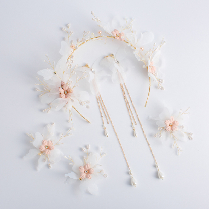 

Korean Bride Wedding Headwear Pink Colour Flower Yarn Pearl Manual Hair Hoop +3 Hairpin + Ear Clip Group Combine Suit
