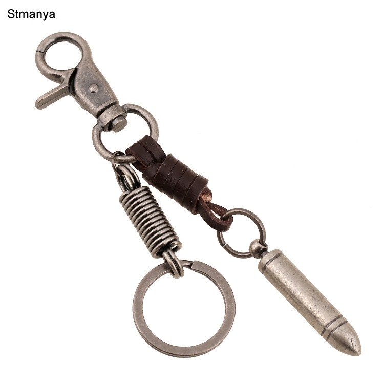 

Retro Bronze Plating Layer Bullet Carving Men Keychain Bag Pendant Genuine Leather Car Key Chain Key Ring Ring For Gifts