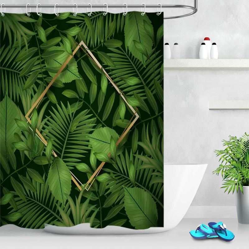 

Tropical Green Leaves Waterproof Fabric Shower Curtain Set Bathroom Hooks Custom
