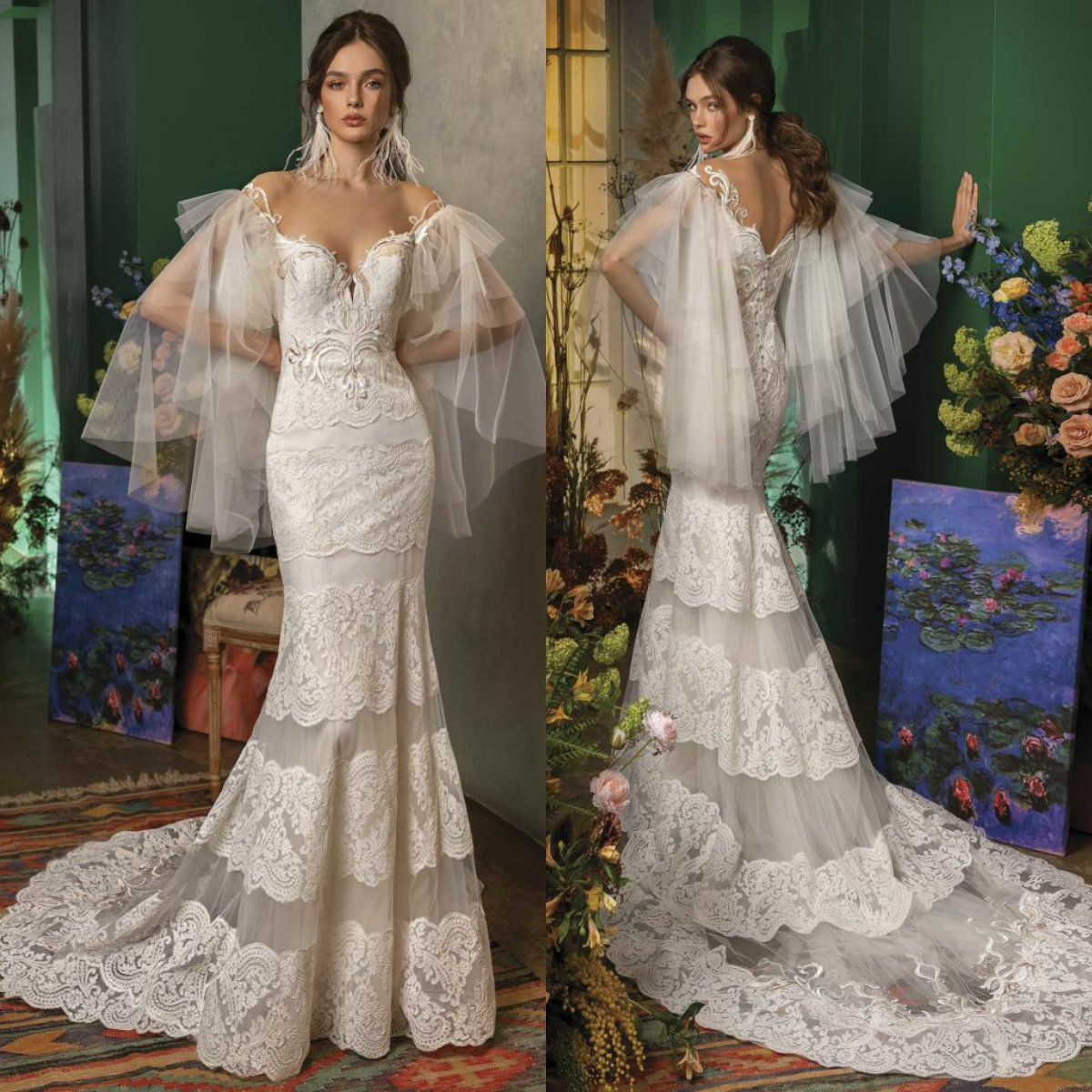 

2020 Papilio Mermaid Wedding Dresses Lace Appliqued Sheer Neck Sweep Train Country Bridal Gowns Custom Embroidery Wedding Robes De Mariée, Hunter green