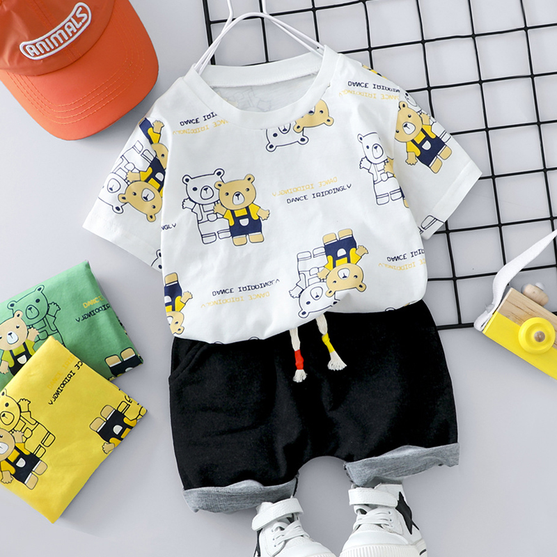 

New baby boy cartoon bear toddler clothing suit summer bear O collar shirt shorts 2 piece suit newborn clothing, Green