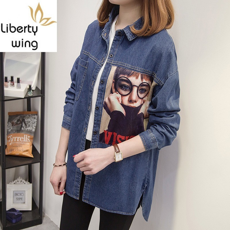 

Spring New Women Long Denim Shirt Gothic Printed Boyfriend Style Streetwear Blouse Jean Teenagers Girl Tops Plus Size 5XL, Deep blue