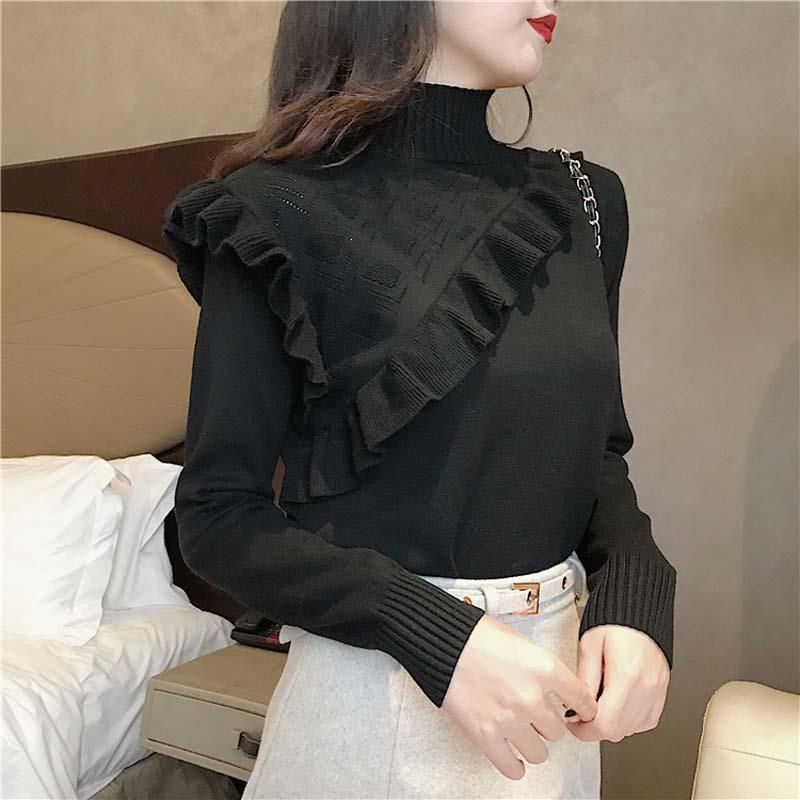 

2019 Women Ruffles Turtleneck Knitted Sweaters Long Sleeve Elastic Solid Pullovers Female Soft Warm Casual Slim Jumper Top, Black