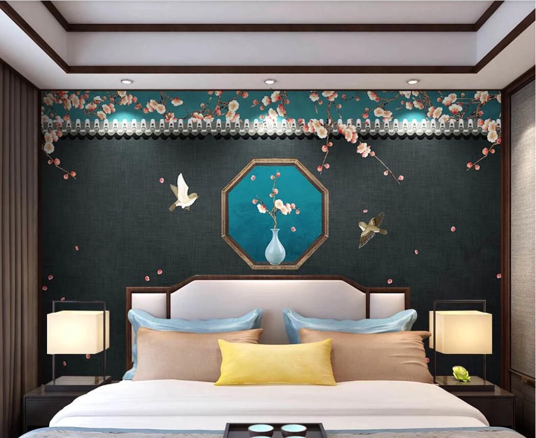 

3d wallpaper custom photo murals Courtyard plum flower and bird background wall decoration painting decor wall art pictures, Non-woven fabric