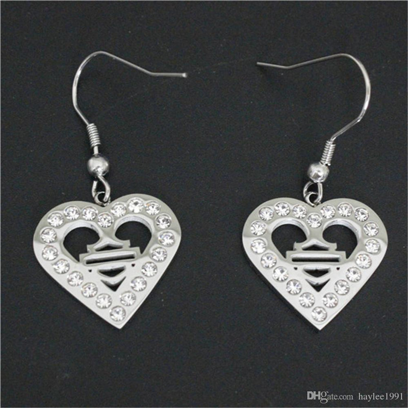 

2pairs/lot newest clean crystal biker style earrings 316L stainless steel fashion jewelry girls love heart motorbiker earrings, Golden