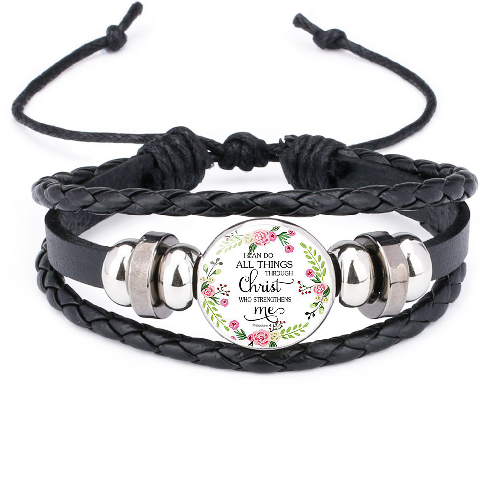 

Fashion Christian Bible lesson leather bracelets For women Christians Scripture Glass Time Gem Cabochon charm Bangle religious Jewelry Gift