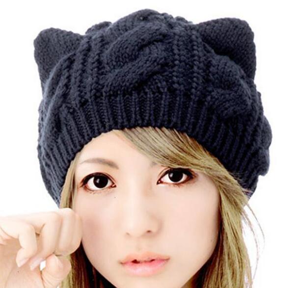 

Hot sale Cat Ear New Arrival Elegant Women Knitted Hats Fur Rabbit Cap Autumn Winter Ladies Female Fashion Skullies Hat, As photos