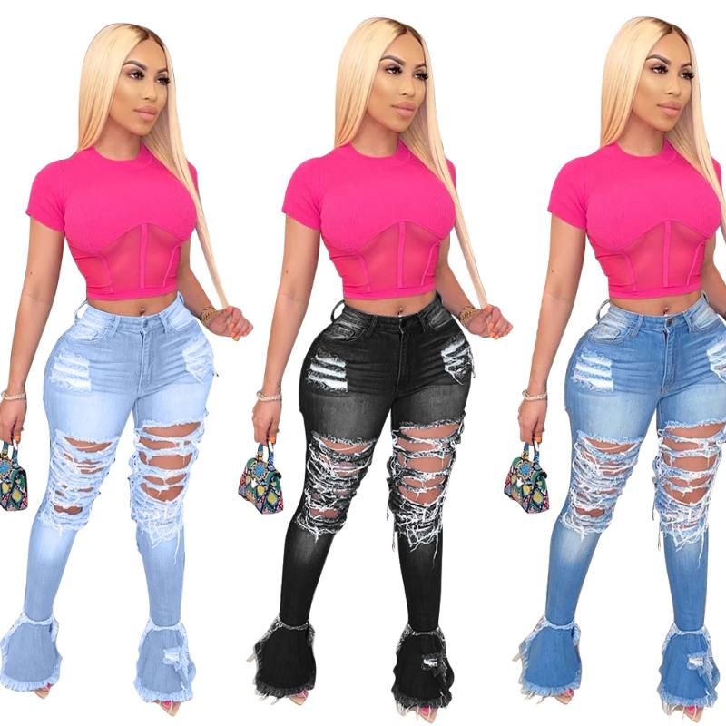 2020 Summer Denim Pants Women Retro Solid Sexy Hole Jeans Ripped Flare Trousers Street Skinny High Waist Lady Pants GL8354