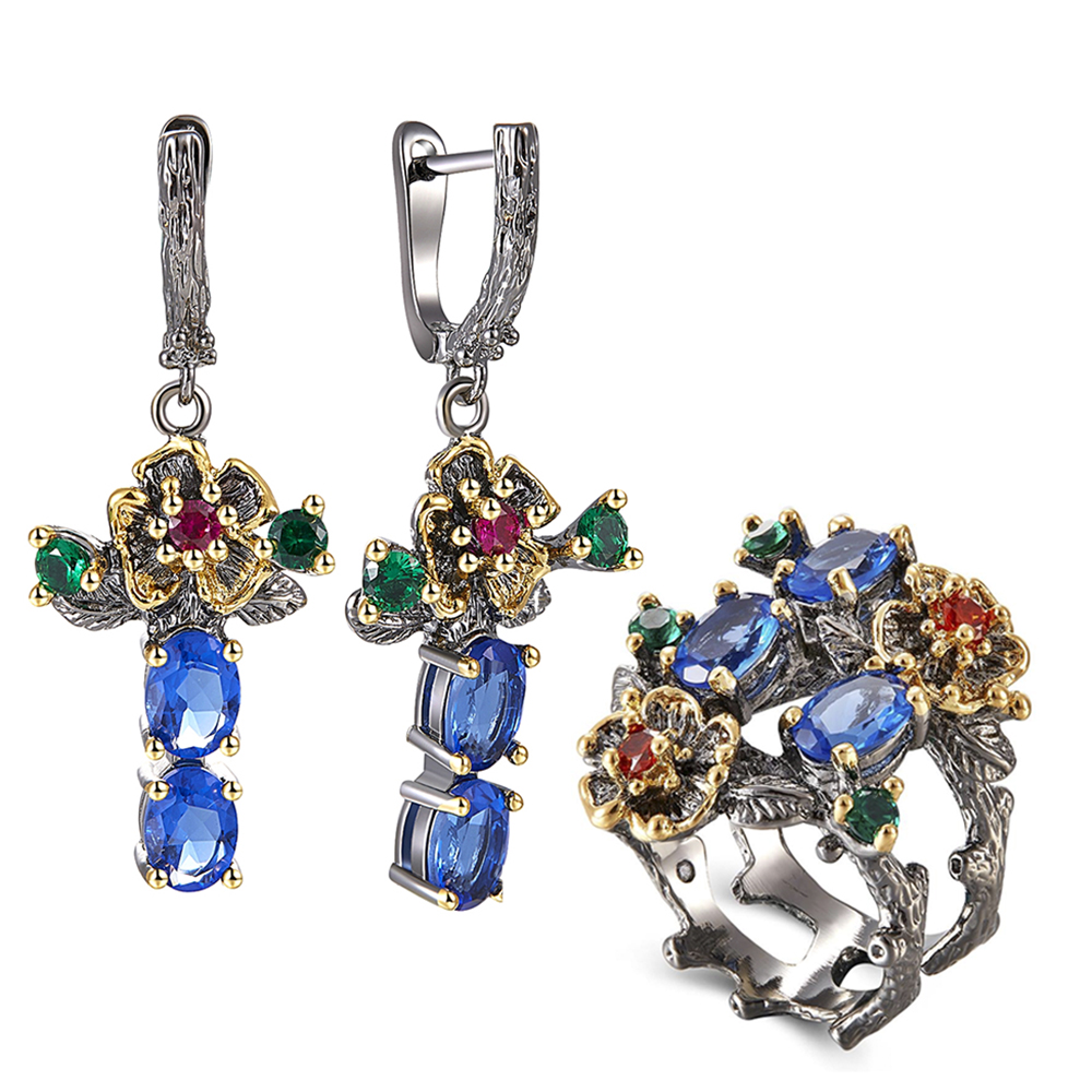 

Blue Crystal Earrings Ring Jewellery Set Leaf Dangle Earrings Multi Zirconia Flower Pretty 2pcs Jewelry Sets for Women, Dark blue