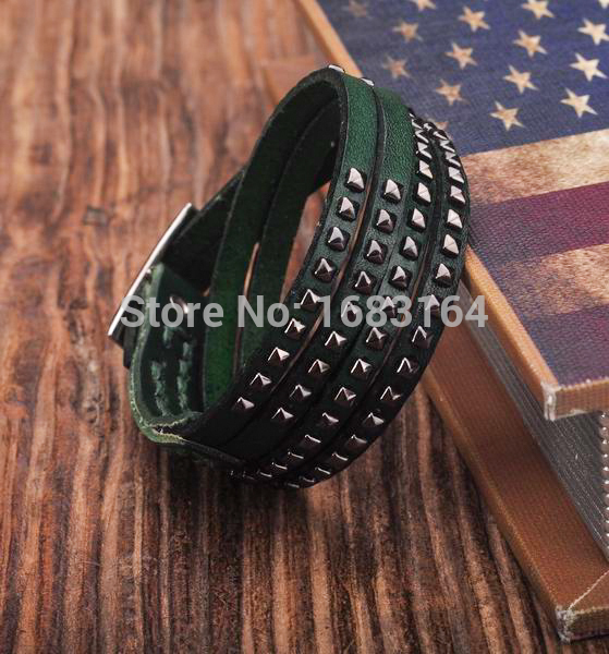 

Green Double Wrap Leather Wristbands Bracelet Cuff Punk Lined &Studded New Mens