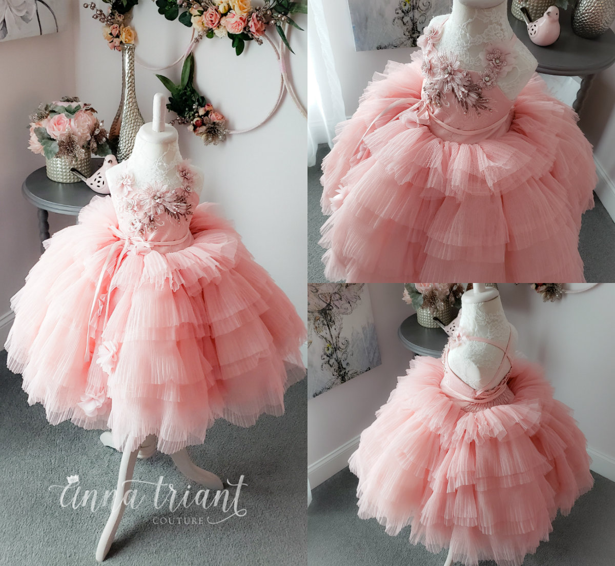 

Little Girls Pageant Dresses Lace 3D Floral Appliqued Spaghetti Ball Flower Girl Dress For Wedding Gowns Birthday Wear Kids Formal Wear, White