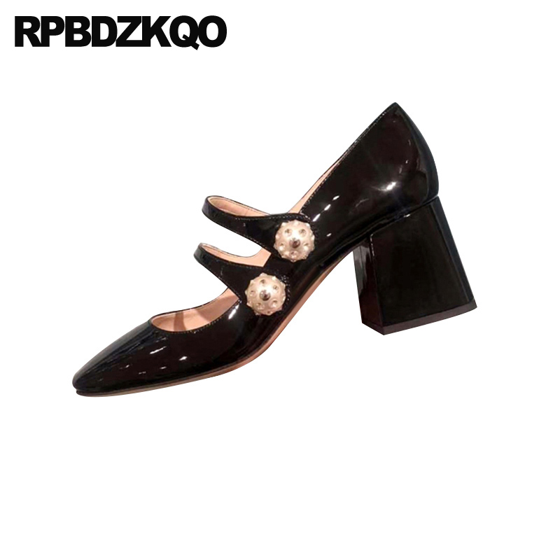 

chunky 2019 size 4 34 women medium heels thick footwear square toe mary jane block pumps red patent leather shoes black