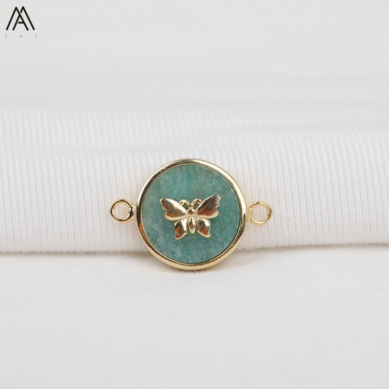 

Chains 5PCS/lot Natural Labradorite Stone Round Charms Bracelet Making,Paved Butterfly Gold Connector For DIY Jewelry Findings